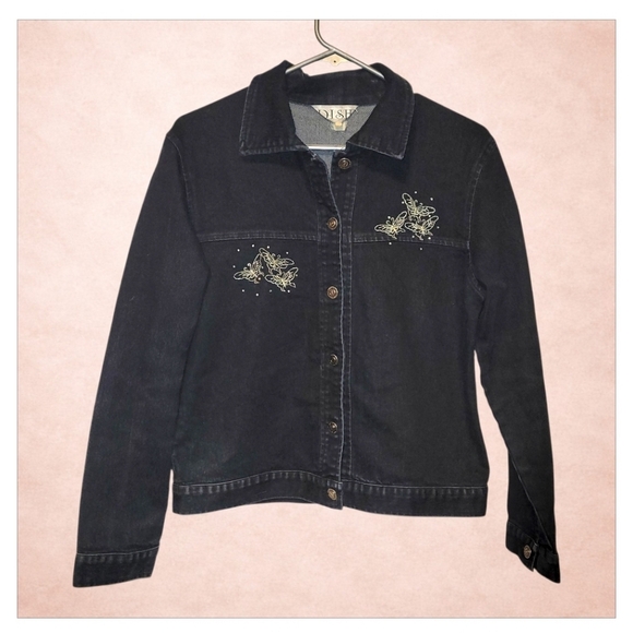 Y2K Butterfly Embroidered Denim Jacket | Dark Wash Studded | Women’s Small - Picture 3 of 8